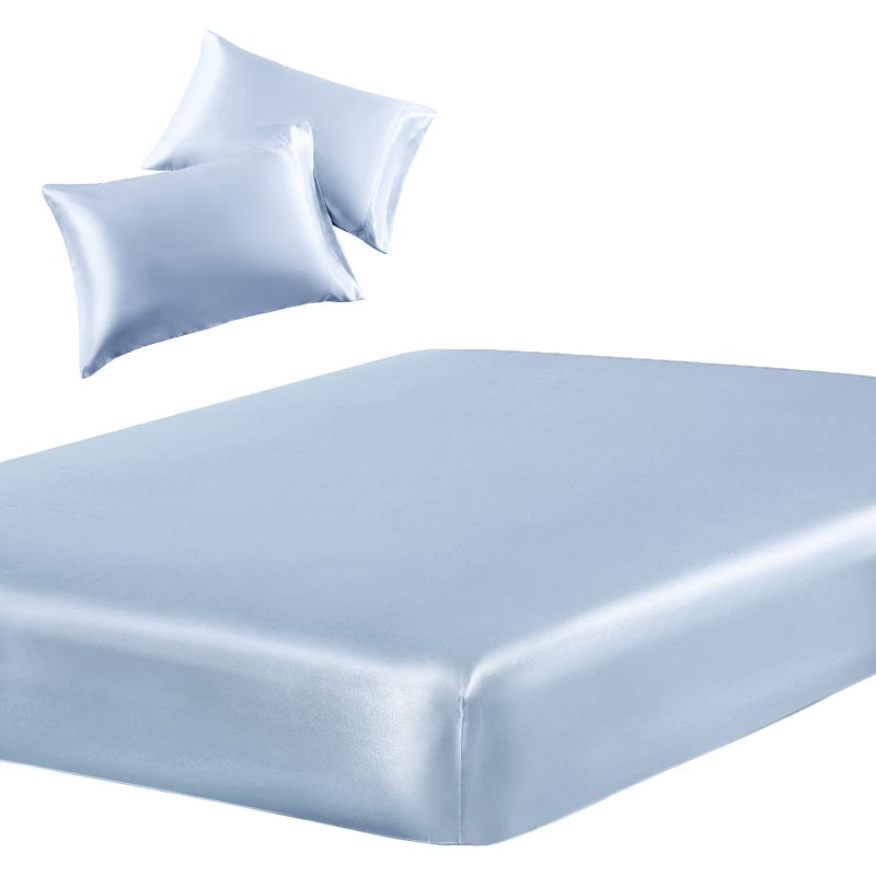 SiinvdaBZX 3-Piece Set Satin Queen Fitted Sheet & 2 Pillowcase  Baby Blue Silky Soft Fitted Bottom Sheet  Wrinkle Free  Fade Resistant  Deep Pocket Bed Sheet (Deep Up to 15"") - Image 1